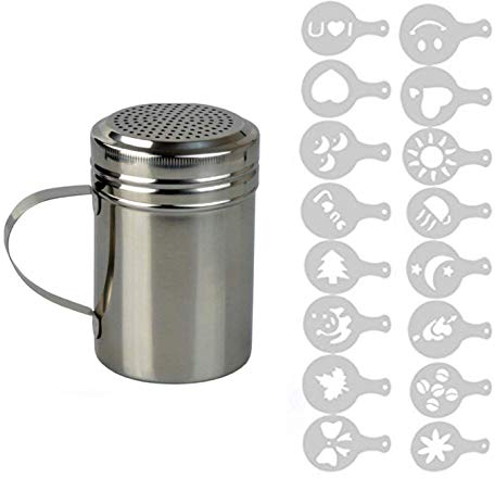 ADEPTNA Stainless Steel Chocolate Shaker with Handle and 16 Cappuccino Coffee Barista Stencils