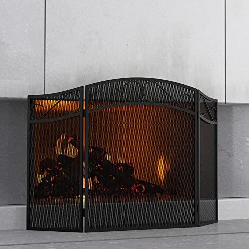 Fire Beauty Kaminschutzgitter aus Eisen, 3 Paneele, 78,7 x 129,5 cm, Schwarz