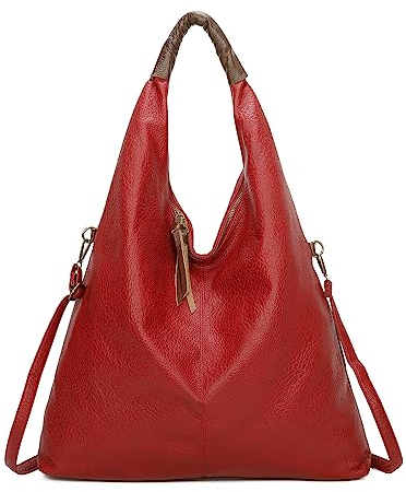 OBC Damen Tasche Shopper Schultertasche Handtasche Umhängetasche Freizeittasche Leder Optik Beuteltasche Rot