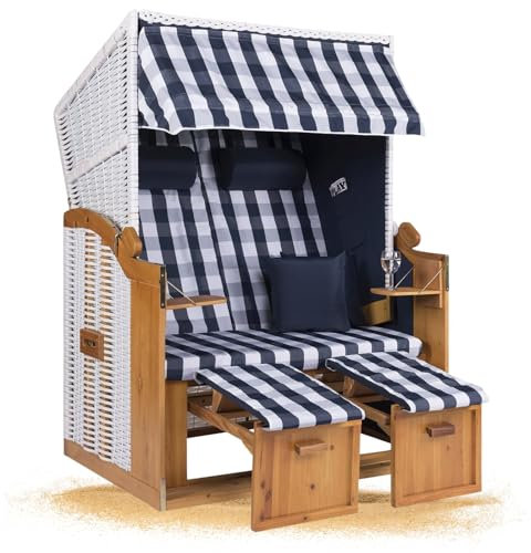 Strandkorb Hanse Strandkorb Ostsee XXL Volllieger Weiß Blau - 2-Sitzer 120cm breit, ideal für Garten, Terrasse und Balkon (Weiß Blau Kariert, Montiert)
