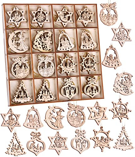BRUBAKER 48-TLG. Weihnachtsanhänger Set - Baumschmuck aus Holz 3-4 cm - Sterne Tannenbaum Weihnachtsmann Dekohänger Weihnachten - Holzanhänger für den Weihnachtsbaum - Christbaumschmuck