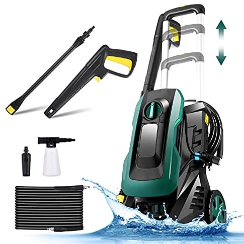 COOCHEER Hochdruckreiniger mit 3 in 1 Düse, Schaumdüse, Hochdruckpistole, 5 m Schlauch, 5 m Kabel, 1400 W, Druck: 135 bar, maximaler Durchfluss: 590 Liter pro Stunde (blau)
