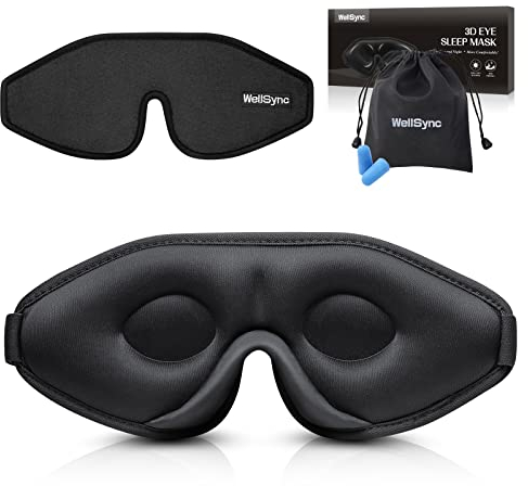 WellSync Sleep Eye Mask, 3D Contoured Cup Sleeping Mask Blindfold, Eye Covers with Adjustable Strap, Block Out Light, Breathable & Soft for Traveling, Nap,Camping Yoga, Includes Ear Plugs(Black)