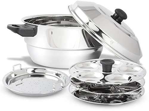 KSJONE Stainless Steel 5 pcs Multi Kadai (Induction Friendly) with Stainless Steel lid, 3 idli Plates (15 Idlis), 1 patra Plate, Silver