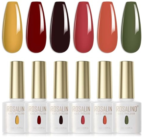ROSALIND Smalti Semipermanenti Giallo Rosso Arancio Verde Scuro 6 Pcs Smalto Semipermanente UV LED Smalto Per Unghie Soak Off Gel Polish Colori Autunno Inverno