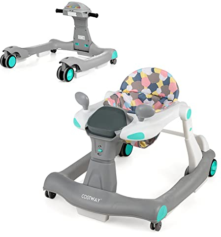 COSTWAY 2-in-1 Lauflernhilfe klappbar, Baby Walker höhenverstellbar, Gehfrei mit Musik & Licht, Laufhilfe mit Anti-Kollision & Anti-Rutsch, Lauflernwagen, für 6-18 Monate, bis 15kg belastbar (Grau)