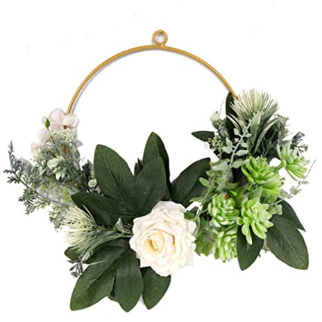 Couronne de porte d'été printemps, couronne de porte artificielle couronne de feuilles vertes, couronnes pour porte d'entrée, couronne décorée couronne suspendue roses de fleurs artificielles