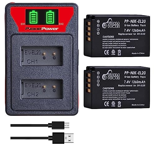 Pickle Power 2Pcs EN-EL20 EN-EL20a Battery with Dual Charger for Nikon Coolpix P1000, P950, Coolpix A, 1 AW1, 1 J1, 1 J2, 1 J3, 1 S1,1 V3 Digital Camera
