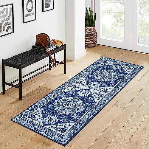 LuxFocus Flur Läufer Waschbarer Rutschfester Teppich Traditionell Bodenmatte mit Blumenmuster für Eingangsbereich Schmutzabweisender Teppichläufer für Flur Weiß-Blau 60x230 cm