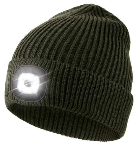 Wmcaps Mütze mit Led Licht, Strickmütze mit Licht Männer Geschenke Wiederaufladbare USB Laufmütze mit Licht Extrem Heller 4 LED Lampe Geschenke Männer Frauen, Armeegrün