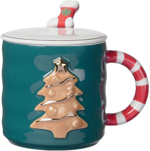 FülleMore Keramik Weihnachtstasse 3D Weihanchtsbaum bedruckt 380ml Kaffeetasse Bürotasse Geschenk Porzellbecher mit Deckel und Löffel für Kaffee Tee Kakao Milch Cappuccino (Grün)