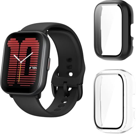 Aerku Custodia Compatibile per Amazfit active, [Con Vetro Temperato] 9H HD Anti-Graffio Custodia Protettiva Telaio Rigida PC Cover Protezione - Trasparente&Nero
