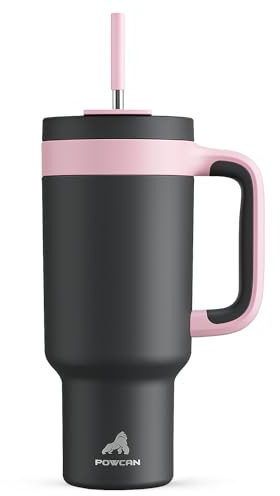 POWCAN Vaso de 40 onzas con asa, popote y tapa para sorber 2 en 1, a prueba de fugas, apto para lavavajillas, taza de café de viaje de acero inoxidable aislada, mantiene el frío durante 34 horas, cabe