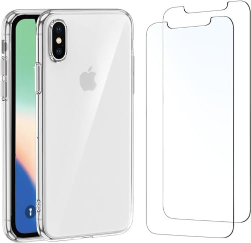 HQ-CLOUD® Coque pour Apple Iphone X/XS Transparente Silicone en Gel TPU Souple + 2 Verre trempé Film Protection écran - Anti Rayures - Ultra Résistant Dureté 9H