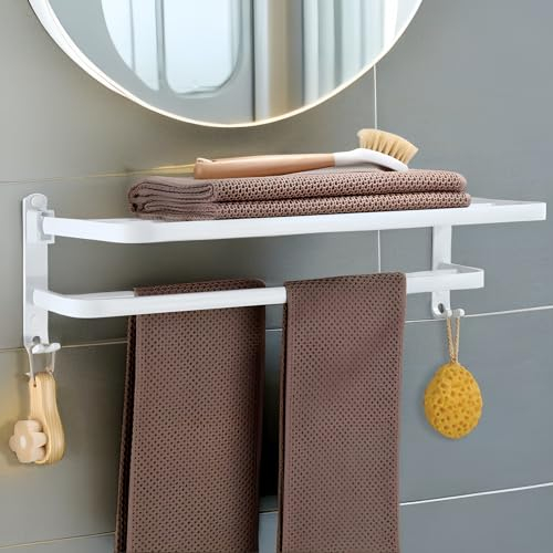 yozhch Bathroom Towel Holder with Hooks, Foldable Towel Rack Wall Mounted, 2 Tier White Towel Rail with Shelf, Double Towel Bar Nail-Free Adhesives or Screw Installation, Aluminum (38CM)