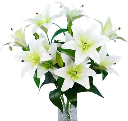 VaryFloral 6 Pezzi Fiori Artificiali Giglio Fiore Artificiale Fiori Finti per Decorazioni Bouquet Fiori Artificiali con Gambo Lungo Giglio Bianco Finto Realistico per Casa Camera Matrimonio Feste