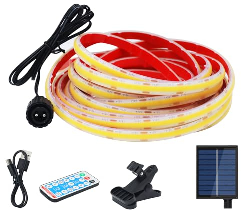 Wisada 12V Solar COB LED Band 1m,8 Modi Lichtband Außen IP68 Lichterkette Selbstklebend, 320LEDs/m Superheller Kaltweiß COB LED Strip Cuttable LED Streifen Mit Fernbedienung für Terrasse, Innenhof
