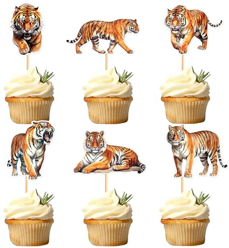 Blumomon 24 Stück Tiger Cupcake Topper Dschungel Safari Tiere Kuchen Dekoration Tiere Figur Kuchen Topper Picks für Babyparty Kindergeburtstag Party Supplies