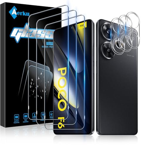 Aerku 3 Piezas Protector de Pantalla para Xiaomi Poco F6 5G con 3 Piezas Protector de Lente de Cámara, 0.33MM HD 9H Ultra Resistente Cristal Templado