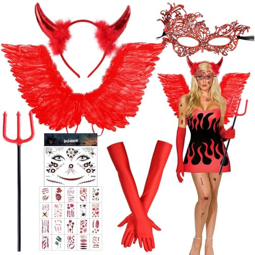 Engelsflügel Teufel Kostüm 66cm, Rote Angel Wings Teufel Kostüm Damen Mädchen, Mit Haarreif,Teufelshörner, Tattoo, Handschuhe, Mask,Engel Flügel für Kinder Damen Mädchen Jungen,Halloween,Engel-Cosplay