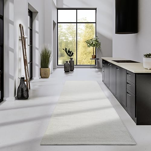 ELLE Decoration Wollteppich Pradesh - Natur Wohnzimmerteppich - Handgewebt & Umweltfreundlich - Boho Teppich Wolle für Wohnzimmer, Schlafzimmer, Esszimmer, Flur, Küche - Natur Weiß, 80x200cm