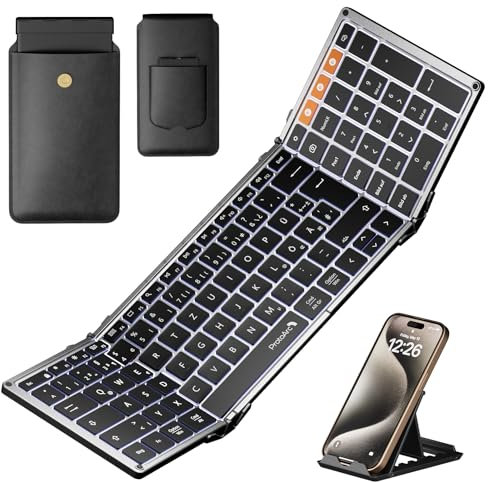 ProtoArc XK01 Plus Clavier Pliable Rétroéclairé, Bluetooth Clavier sans Fil Pliant AZERTY, Pleine-Taille Rechargeable Clavier Portable pour Android Windows iOS iPad Tablette