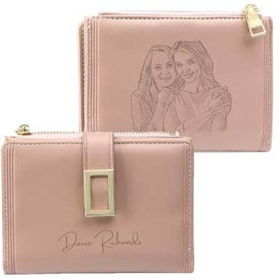 Jeweidea Portefeuille Personnalisé pour Femme avec Noms de Photo Gravés Petit Cuir Portefeuille avec Poche à Monnaie Zippée pour Maman Petite Amie Cadeaux Personnalisés de Noël (#Rose)