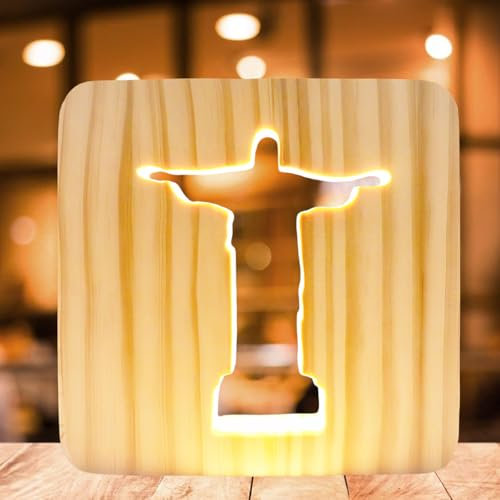 WIYETY Jesus Kreuz Nachtlicht: 3D Jesus Kreuz Religiöses Mini Nachtlicht, Kleine Tischlampe für Zimmer, Holzschnitzerei LED Nachtleuchte, USB-betriebener Warmweiß Licht, Beleuchtetes Dekorationen