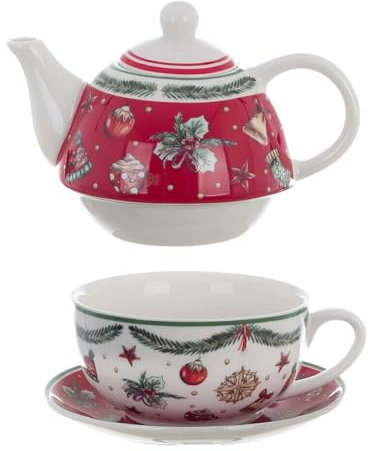 Blanc Mariclò Teiera natalizia con tazza e piattino Amamelide in porcellana, vintage 400 ml