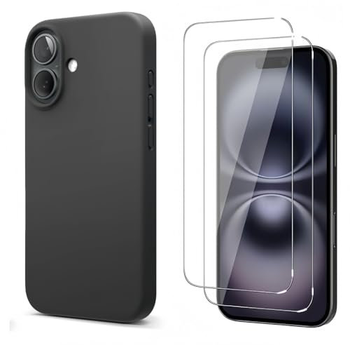 HQ-CLOUD® Coque Noir Mat en Silicone Souple pour iPhone 16 (6,1 Pouces) + 2 Verre trempé Film Protection écran - Anti Rayures - Ultra Résistant Dureté 9H