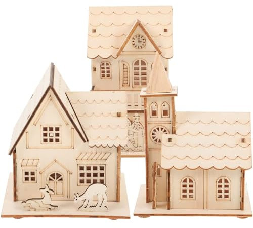 SENIURIS 3 x Weihnachts-Holzhäuser zum Bemalen, unlackiertes Holz, Mini-Häuser, Mikrohaus-Landschaftsdekorationen.