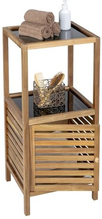 WENKO Badregal Mod. Fondi aus massivem Akazienholz mit Tür und 2 Etagen edle schwarze Glasböden hochwertiges Badezimmermöbel mit viel Stauraum stabil und langlebig 39,5 x 86 x 35,5 cm Braun