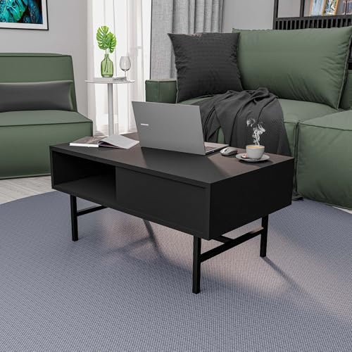 Hanah Home Stylish Black Coffee Table, 90 x 54 x 39.6 cm | 100% Melamine Coated Chipboard & Metal | Modern Design for Living Room & Office