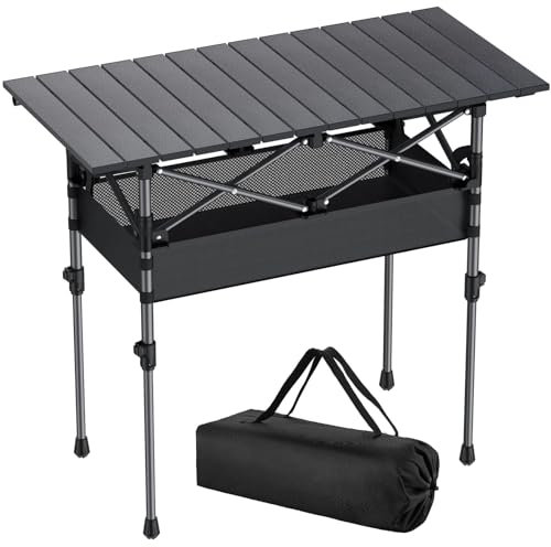 Anbte 3ft Folding Camping Table with Storage Net and Bag, 2 Adjustable Heights Aluminum Roll Up Camping Table, Lightweight Picnic Table, for Outdoor Indoor Travel Bbq, 82cm x 40 cm, Black