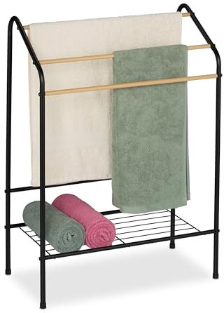 Relaxdays Porte-Serviettes, 3 Barres, avec étagère, Non Fixe, HxLxP : 84,5 x 60,5 x 31 cm, Noir et Nature
