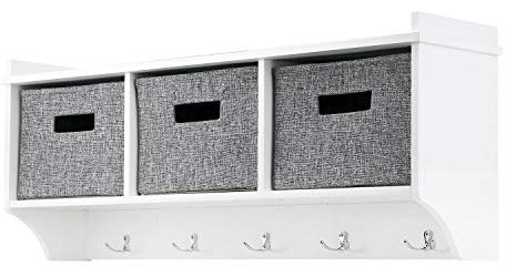 Livhome Wall Mounted Coat Rack with Storage, Wooden Hallway Coat Hooks with Shelf and Baskets, Wall Storage Unit, Perfect for Entryways, Bedrooms, and Hallways (White, 5 Hooks, 3 Baskets)