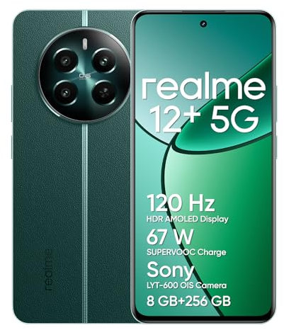 realme 12+ 5G Smartphone 8+256 GB con NFC, Cámara de Retrato Sony LYT-600 OIS, Pantalla AMOLED de 120 Hz, Smart Touch a Prueba de Lluvia, Carga SUPERVOOC de 67 W, Pioneer Green T (con Adaptador)