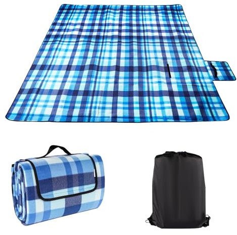 Beutrain XXL Picknickdecke 200x200 cm Wasserdicht • Campingdecke mit Tragegriff • Extra große Outdoor-Decke für 4-6 Personen • Ideal für Strand, Park, Camping & Festivals Blau-grünem Karomuster