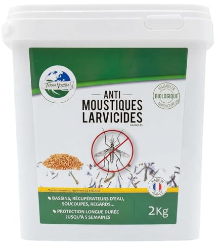 TERRA NOSTRA Anti Moustiques – Larvicide Moustiques – BTI – Traitement Larves Eau Stagnante Jusqu’à 1000m² – Compatible Fosse Septique – Fabriqué en France – Seau 2kg