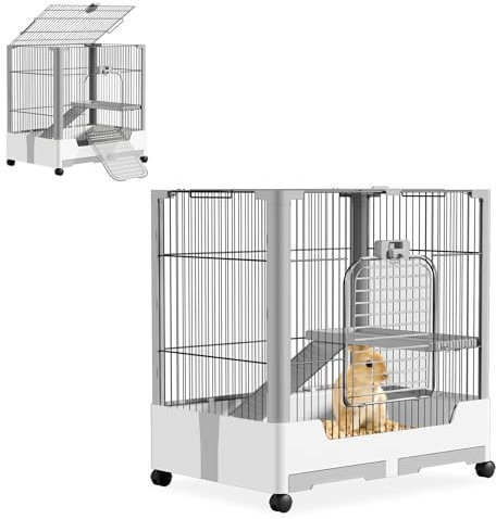 Froadp Kaninchenstall 1 Ebene Mobiler Haustierkäfig für Kaninchen, Meerschweinchen und Kleintiere, Kleintierkäfig mit Offenem Dach, Rollen, Sicherheitsschloss, Abnehmbar Ruheplattform und Leiter