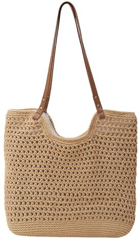 FloralGrace Bolso de Paja para Mujer, Bolso de Playa Tejido, Bolso de Mano de Verano, Bolso Suave Tejido de Hombro para Vacaciones