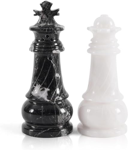 EarthenTones Black & White Marble Salt Cellar Set of 2 – Unique Chess Figure Design Spice Container, Elegant Kitchen Decor and Decorative Home Accessories for Dining or Gifting