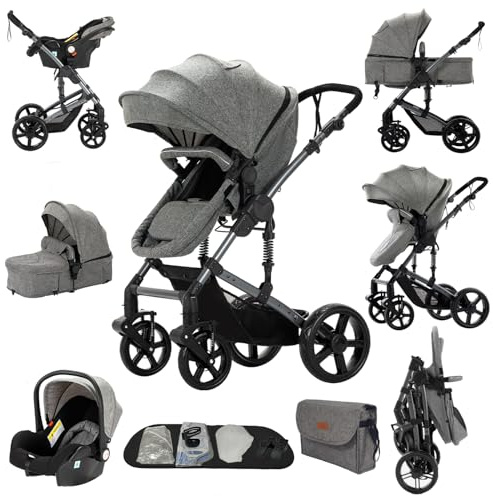 Aveainelle 3 in 1 Kinderwagen, Liege- und Wendbarer Reisesysteme Buggy, 3-teiliger One-Click-Klappkinderwagen, Babywagen mit Komplettem Zubehör und Doppelbremsen (588 Grey)