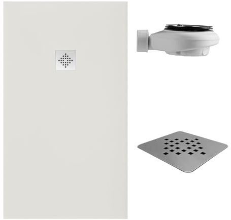 SoulHome Receveur de douche Résine 150x100 Blanc Cassé Grille Standard | Antidérapant C3, extra-plat, résine et charge minérale, texture pierre lisse, antibactérien, gel-coat, + bonde d'évacuation