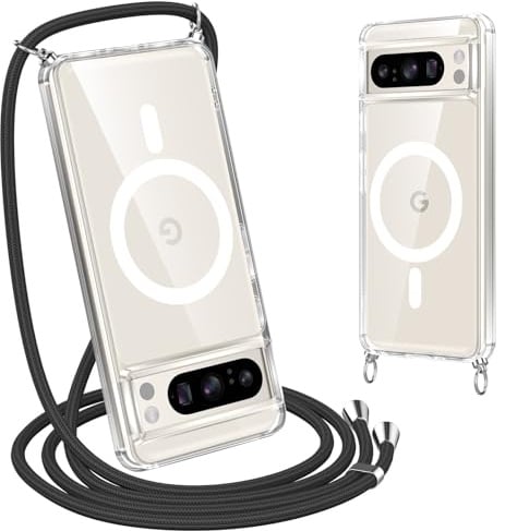 Coiwxmoi Magnetisch Handyband Hülle mit Band für Google Pixel 8 Pro, [Kompatibel mit Magsafe] Necklace Handyhülle Schutzhülle zum Umhängen Kordel, Transparent Stoßfest Kratzfest Case mit Kette,Schwarz
