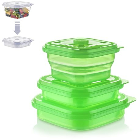 KLIPPSI® Lunchbox faltbar- Brotdosen Frischhaltedosen aus Platin Silikon hitze-kältebeständig, auslaufsicher, spülmaschinengeeignet (grün, 3er Set 400ml-600ml-900ml)