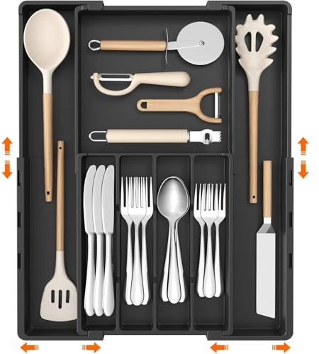 Lifewit Besteckkasten für Schubladen, zweiseitig verstellbar aus Kunststoff | 4‑7 Fächer, Breite von 22,6 bis 36,2 cm, Küchen‑Organisator, Besteckeinsatz für Löffel und Gabeln, Schwarz