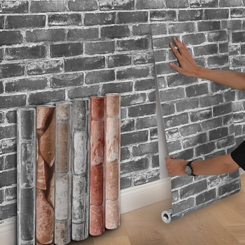 Anttyscar 2Roll Dark Grey Brick Wallpaper - 3D Effect Textured Brick Effect Wallpaper for Realistic Faux Bricks Wall Covering，Anti-Fouling Slate for Bedroom Living Room Hallway Stairs Lounge