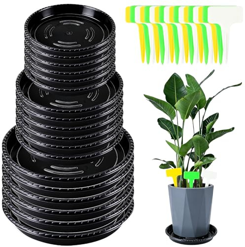 UPINS 18-Pack Black Plastic Plant Saucers Trays with Labels (3 Sizes) | Durable Plastic Plant Trays with Labels, Deep Leakproof Design, Easy to Clean, Versatile Sizes Perfect for Indoor Outdoor