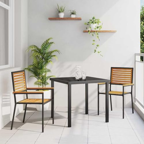 Holamys Garten Stapelstühle 2er Set, Braun Schwarz, Akazienholz Armlehnen, UV-beständig, 111 kg Tragkraft, für Balkon Terrasse, platzsparend